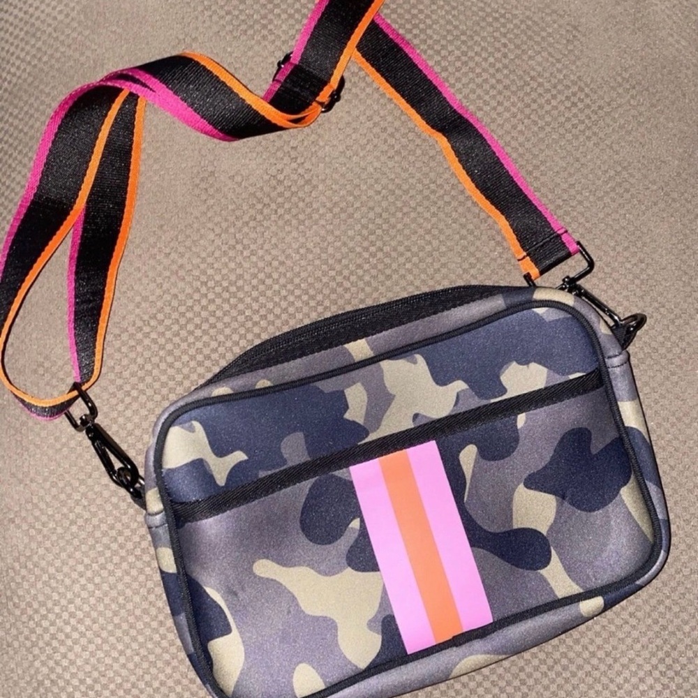 Neoprene Shoulder Bag. Camouflage w/Pink & Orange Accents. Approx 10” L x 7” H